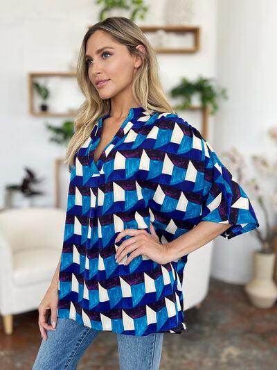 Double Take Full Size Geometric Notched Half Sleeve Blouse - Selvanelle