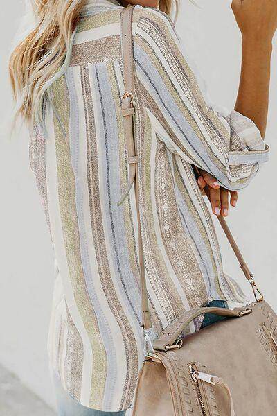 Striped Collared Neck Long Sleeve Shirt for Women Fashion - Selvanelle