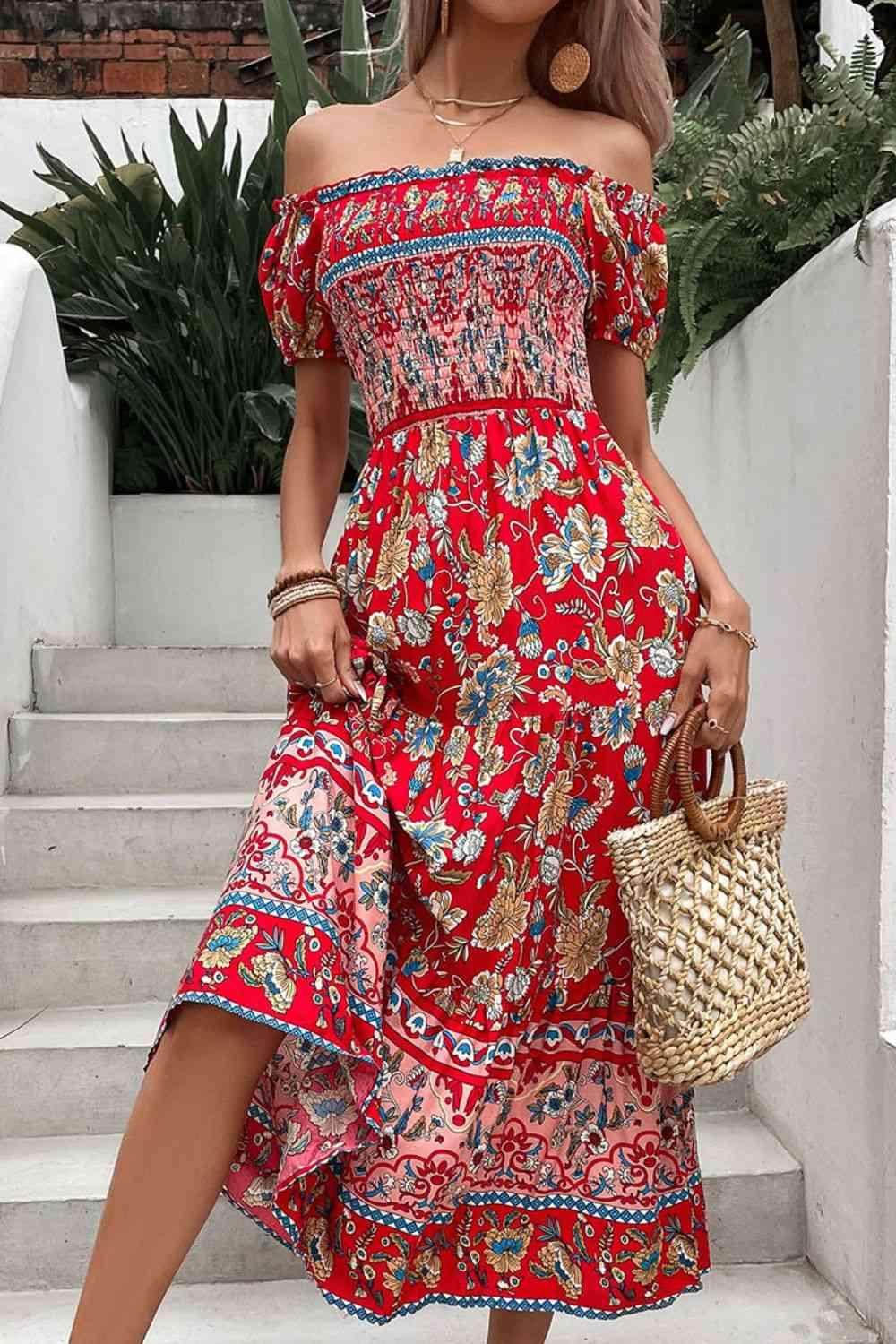 Perfee Floral Off-Shoulder Smocked Midi Dress for Women - Selvanelle