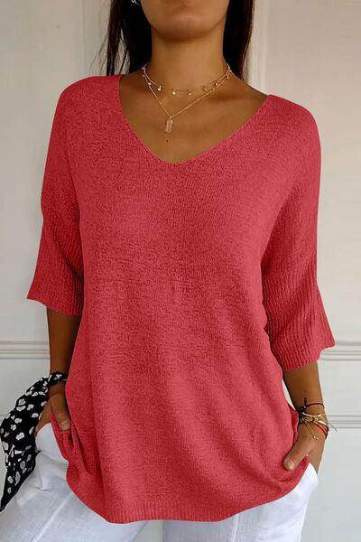 V-Neck Three-Quarter Sleeve Knit Top for Women Fashion - Selvanelle