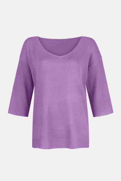 V-Neck Three-Quarter Sleeve Knit Top for Women Casual Wear - Selvanelle