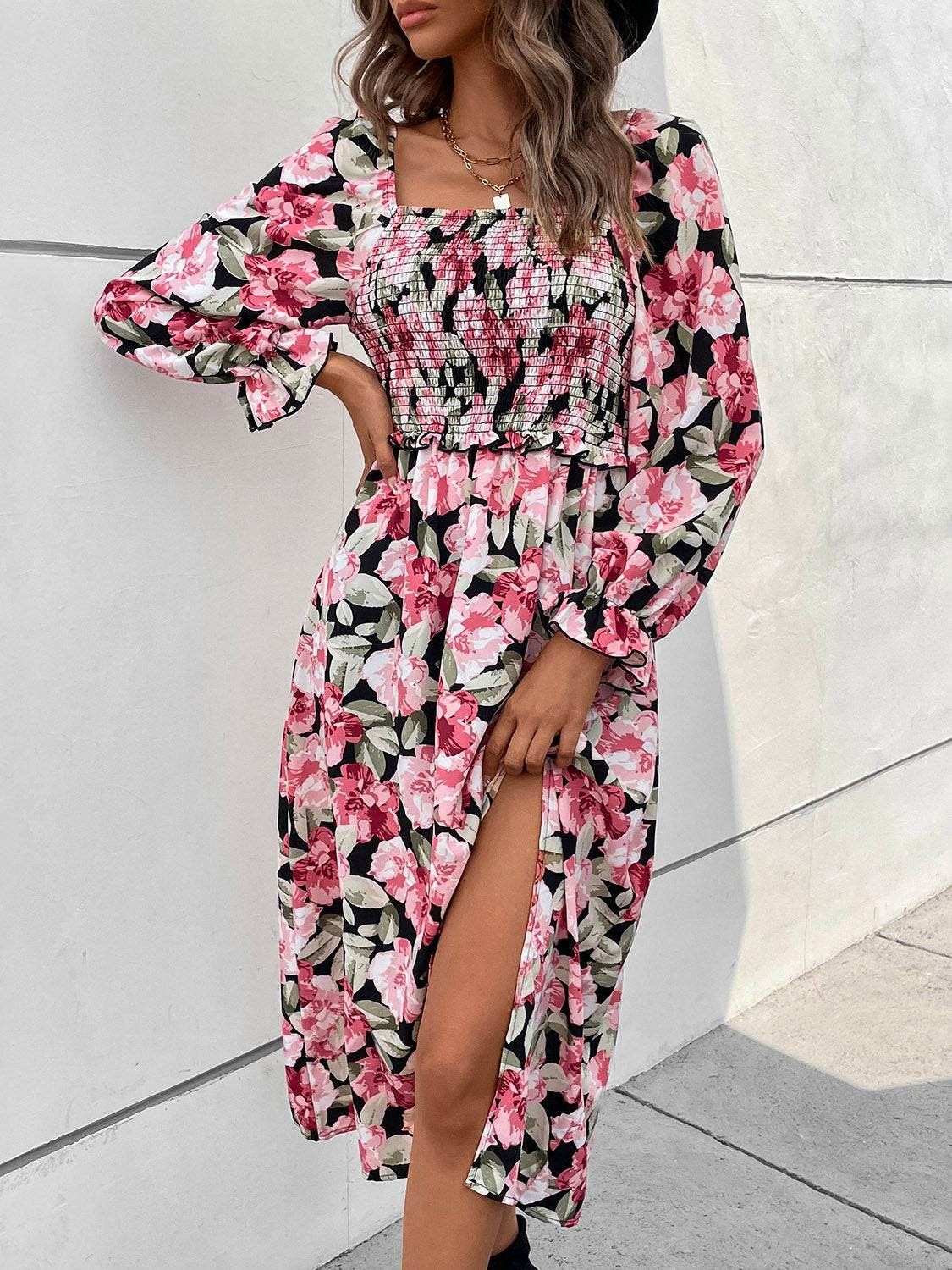 Perfee Slit Smocked Floral Flounce Sleeve Dress - Selvanelle