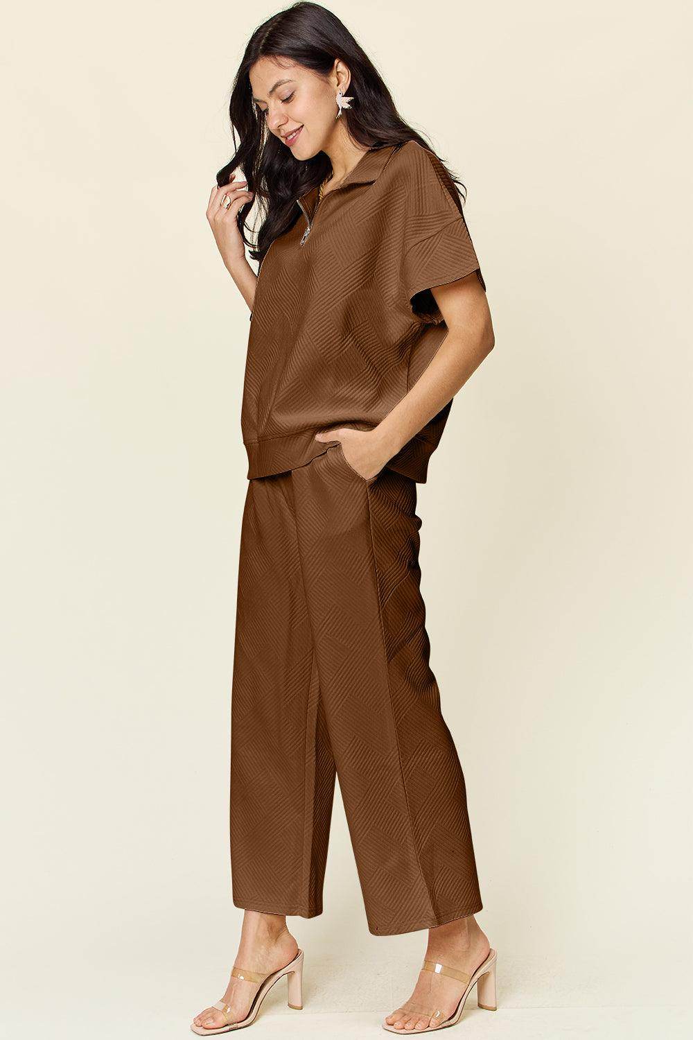 Double Take Full Size Texture Half Zip Short Sleeve Top Set - Selvanelle