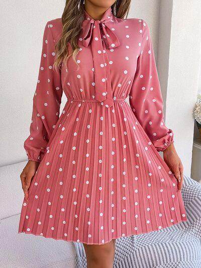 Polka Dot Tie Neck Pleated Dress for Stylish Occasions - Selvanelle
