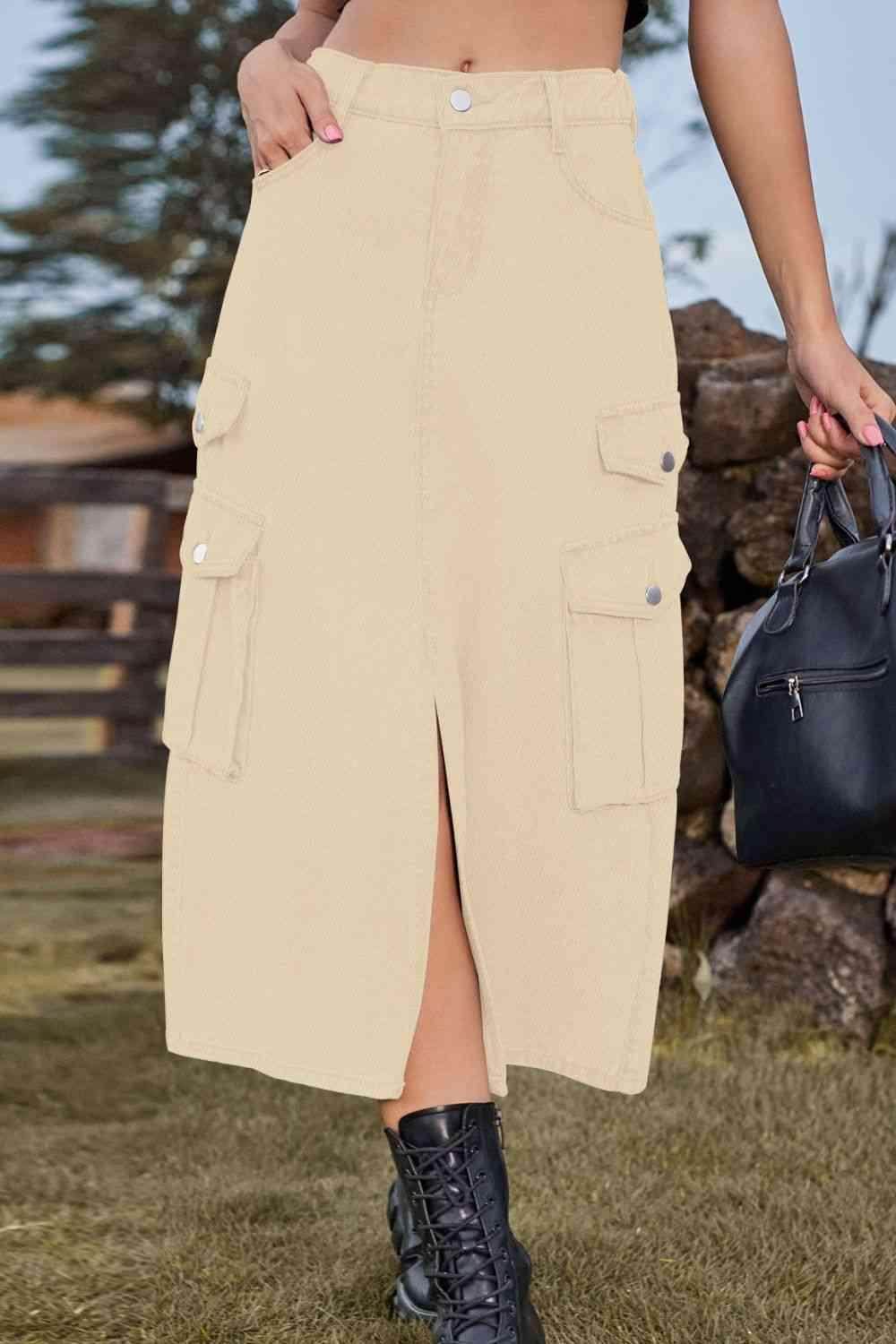 Slit Front Midi Denim Skirt with Pockets for Women - Selvanelle