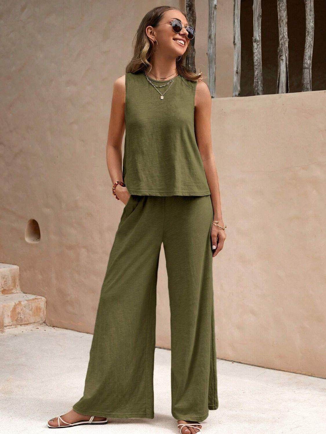 Stylish Round Neck Sleeveless Top and Wide Leg Pants Set - Selvanelle