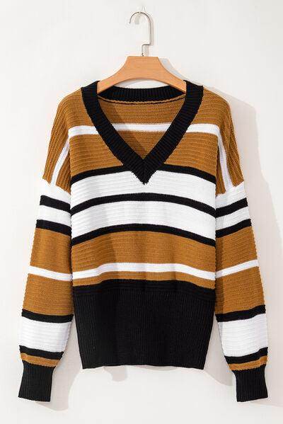 Contrast Stripes V Neck Long Sleeve Sweater for Women - Selvanelle