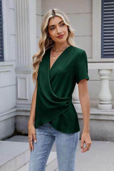 Solid Color Surplice Short Sleeve Blouse for Women - Selvanelle
