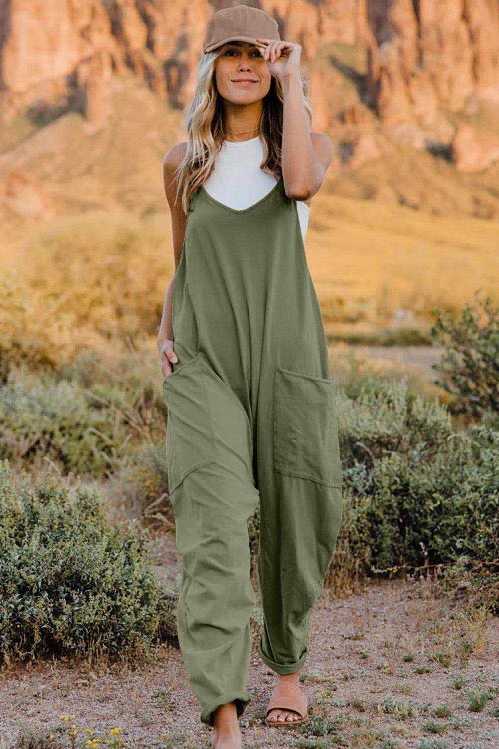 Double Take Full Size V-Neck Sleeveless Jumpsuit with Pockets - Selvanelle