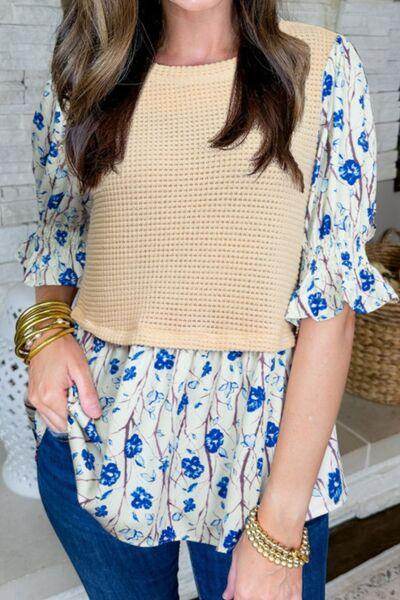 Waffle-Knit Printed Round Neck Flounce Sleeve Blouse for Women - Selvanelle