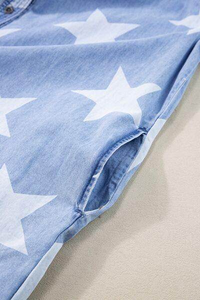 Raw Hem Star Short Sleeve Denim Dress for Casual Style - Selvanelle