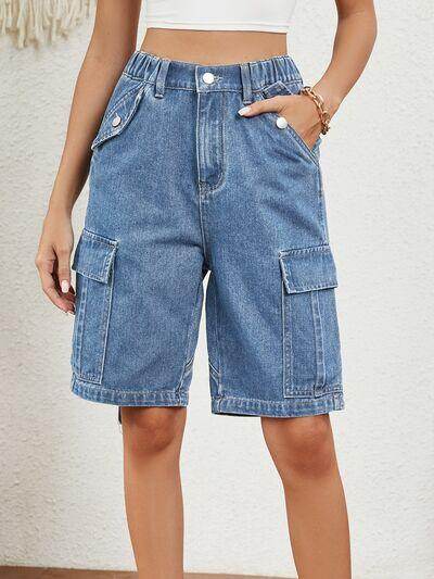 Buttoned Elastic Waist Denim Shorts with Pockets for Women - Selvanelle