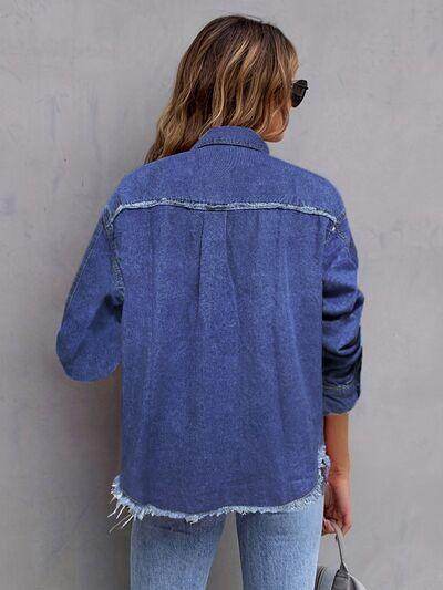Pocketed Collared Neck Long Sleeve Denim Shirt for Women - Selvanelle