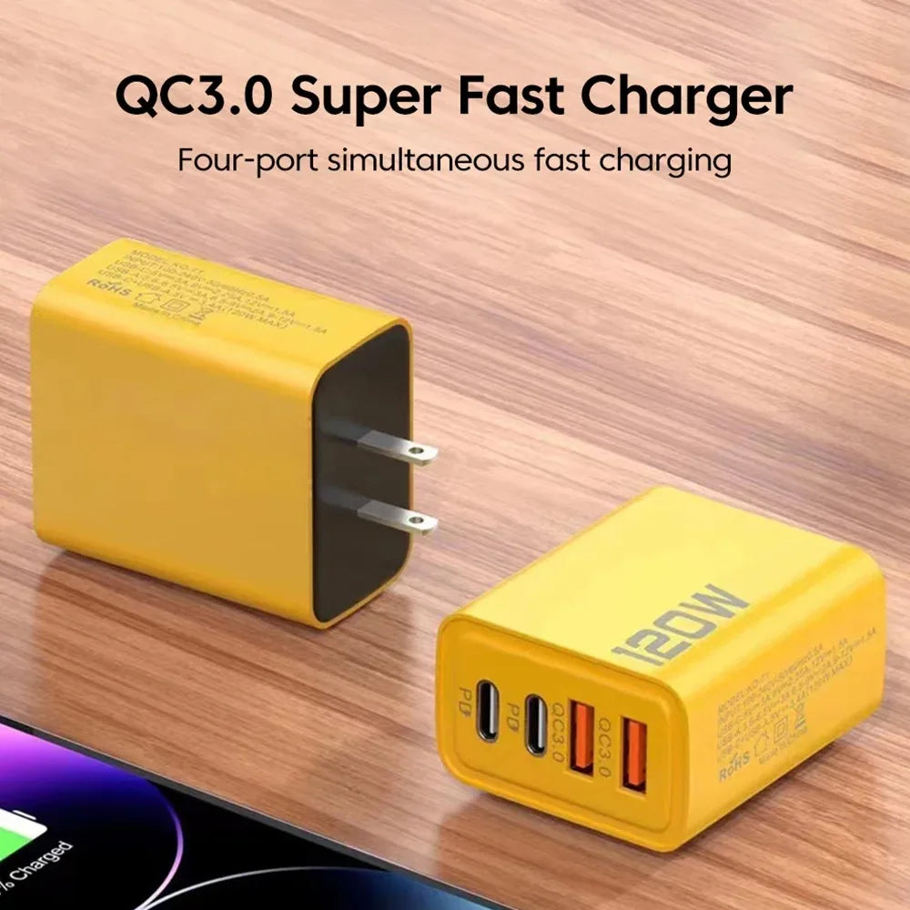 4 Port USB Charger Total 120W Fast Charging EU/US/UK Plug Wall Charger Mobile Phone Power Adapter For Phone Charge Type C Cable