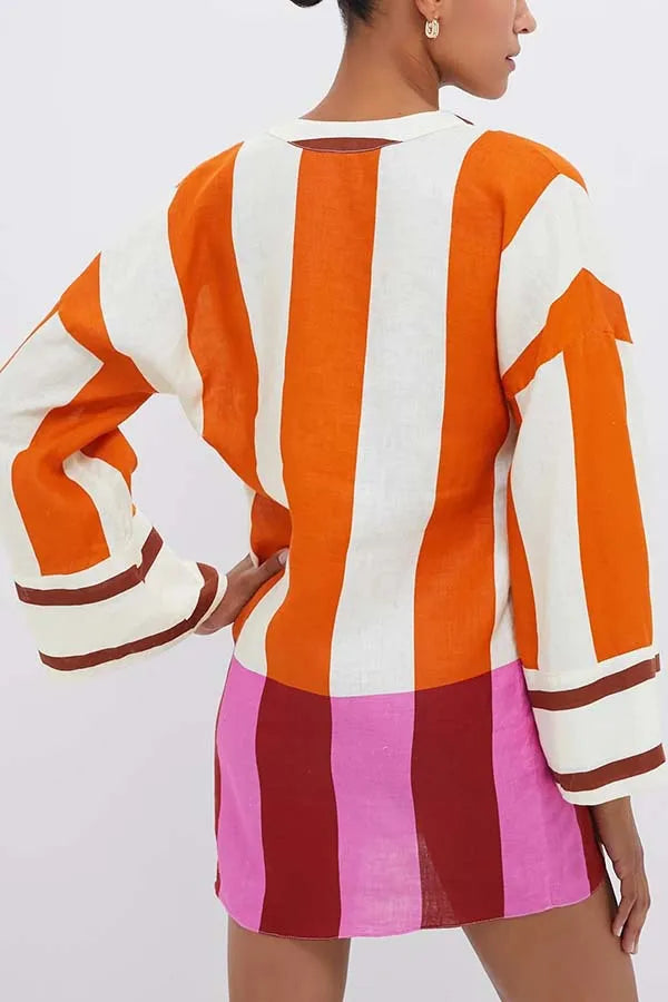 Autumn Winter Women Linen Material Mini Dresses Print Sexy V-neck Hollow Out Long Sleeves Robeson Beach Party Female Dresses