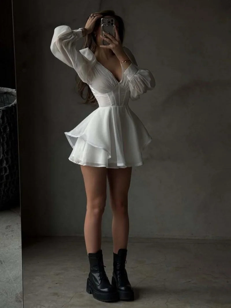 Elegant White Dress Spring Clothing Women 2026 Lantern Sleeve Deep V-Neck Tunic Mini Dresses Vacation Evening Party Club Dress