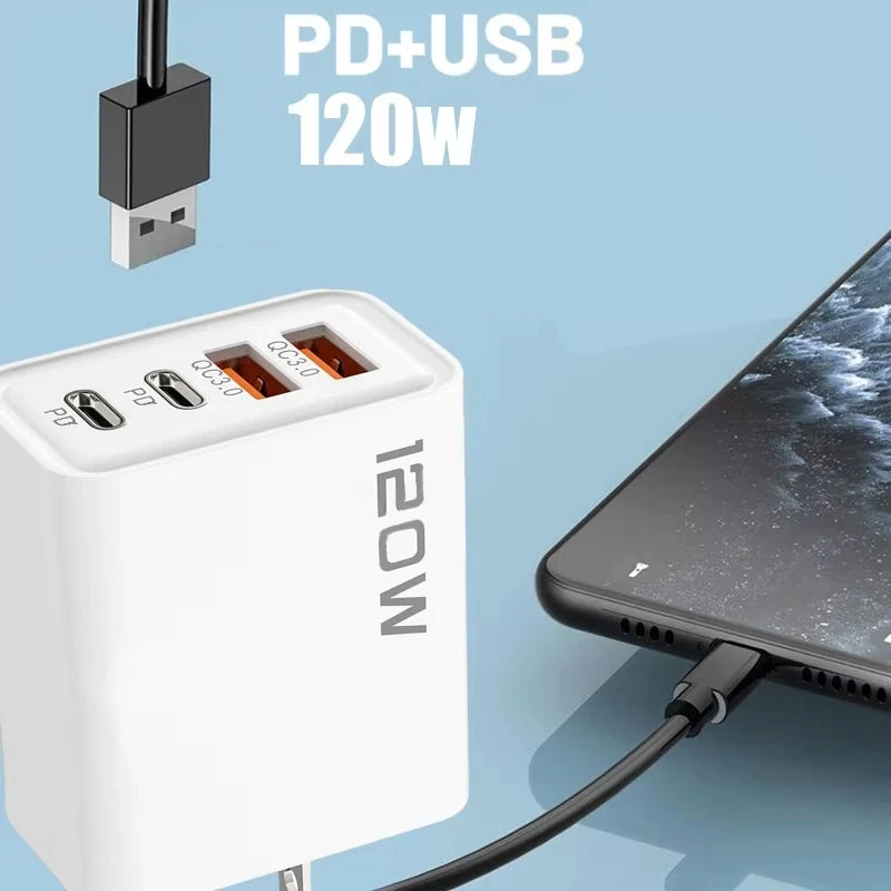 4 Port USB Charger Total 120W Fast Charging EU/US/UK Plug Wall Charger Mobile Phone Power Adapter For Phone Charge Type C Cable
