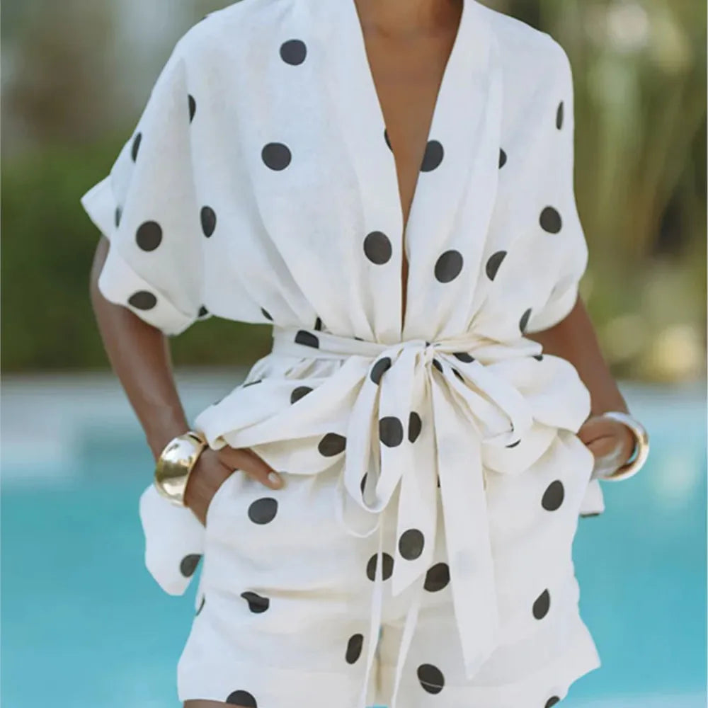 2026 Casual Women's Matching Sets 2 Pieces Set For Woman Two Piece Outfit Simple Style Home Clothing Polka Dots Printed Vacation