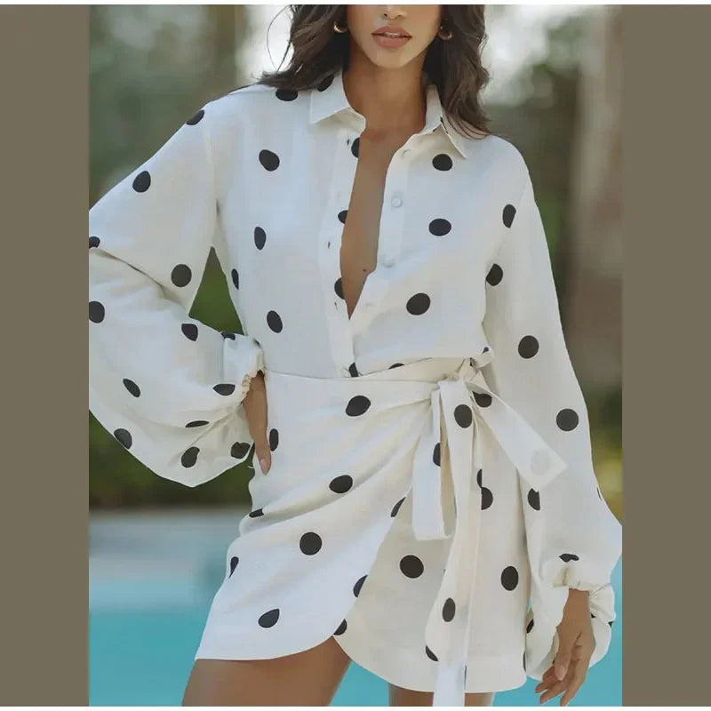 Casual White Polka Dot Print High Waist Mini Skirt Set Women Long Puff Sleeve Lapel Single Breast Lace-up Tops Set New Lady Wear