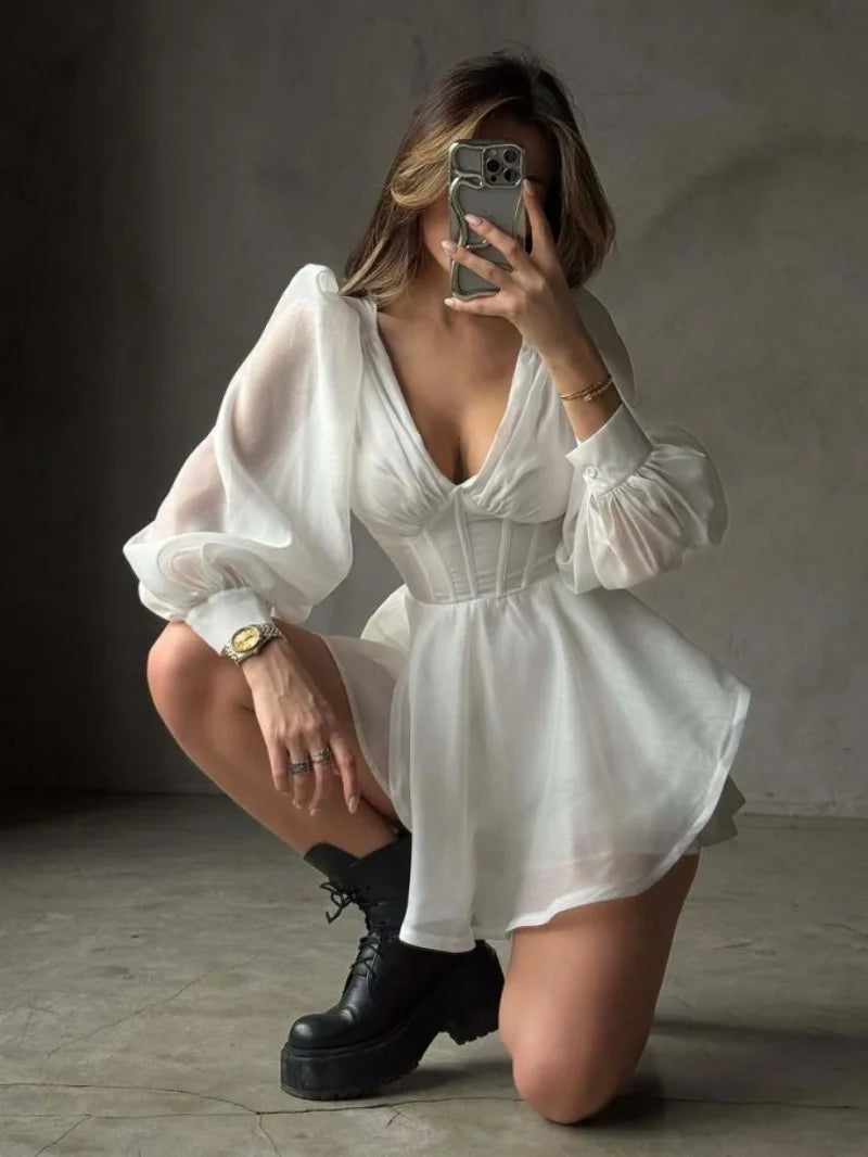 Elegant White Dress Spring Clothing Women 2026 Lantern Sleeve Deep V-Neck Tunic Mini Dresses Vacation Evening Party Club Dress