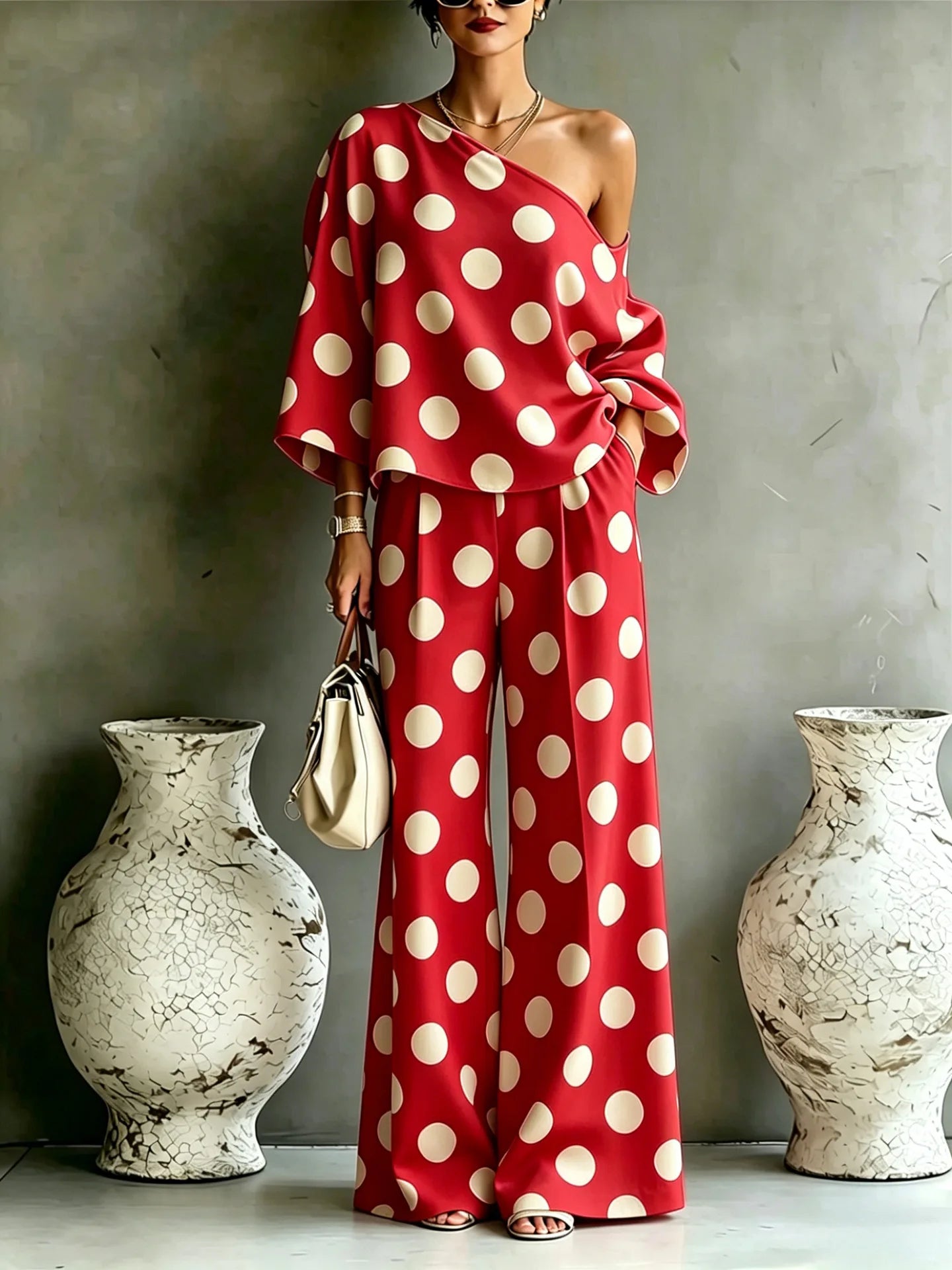 Summer New Color Wave Point Set Women Slant Shoulder Open Back Top+High Waist Wide Leg Pants Vacation Style Loose 2 Piece Suit