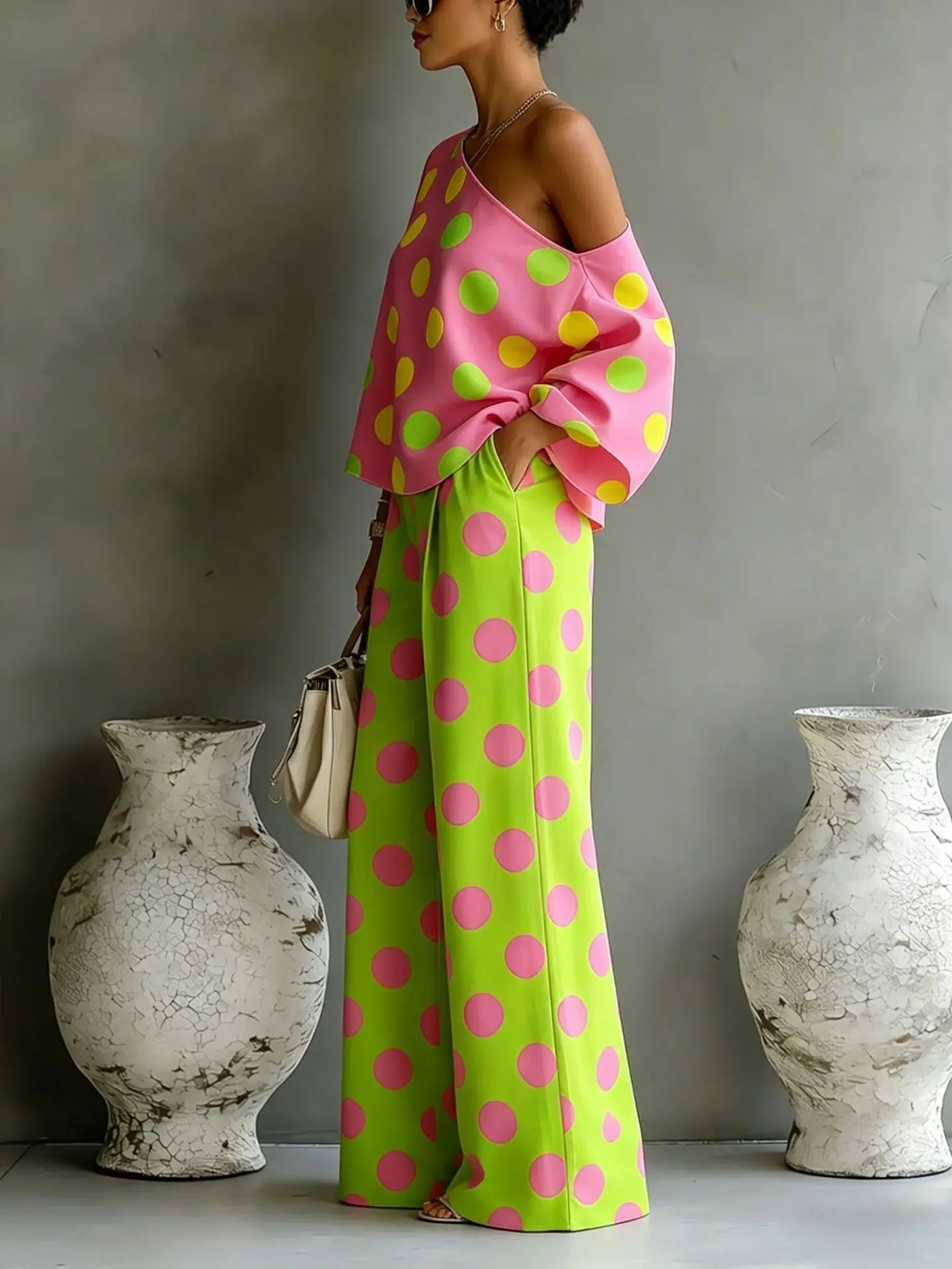 Summer New Color Wave Point Set Women Slant Shoulder Open Back Top+High Waist Wide Leg Pants Vacation Style Loose 2 Piece Suit