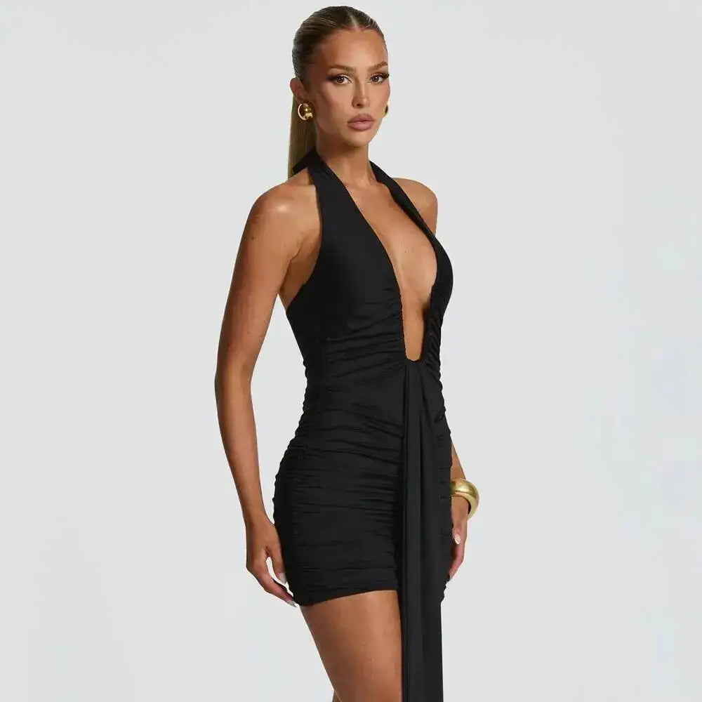 Avrilyaan Leopard Print Halter Pleated Ribbon Dress Women Mini 2025 Summer Dress Deep V Backless Sexy Party Dresses Vestidos