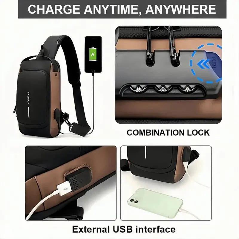Men's anti-theft chest bag, fashionable motorcycle and casual sports sloping backpack, durable Oxford fabric