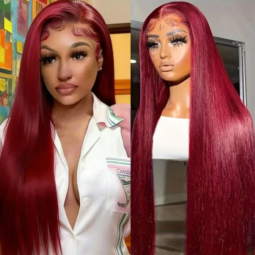 34 Inch 99J Burgundy Straight Brazilian Human Hair Wig 13x4 HD Transparent Lace Frontal Wig Pre Plucked Natural Hairline For Women