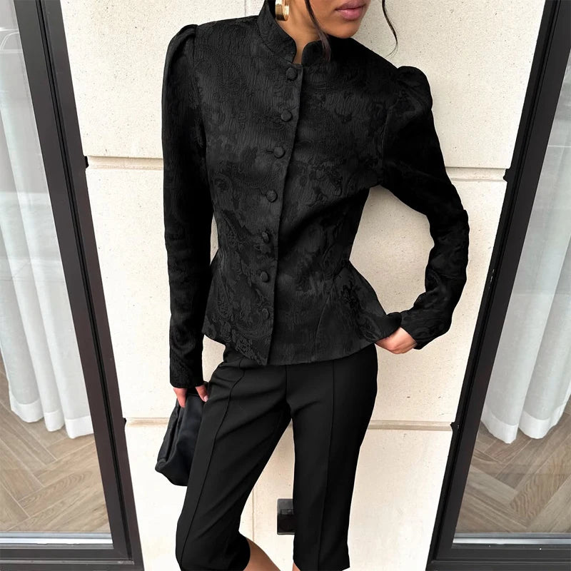 Solid Color Jacquard Glossy Satin Tops Women Chic Stand Collar Single Breasted Slim Fit Short Coats 2026 Lady Daily Outwear New