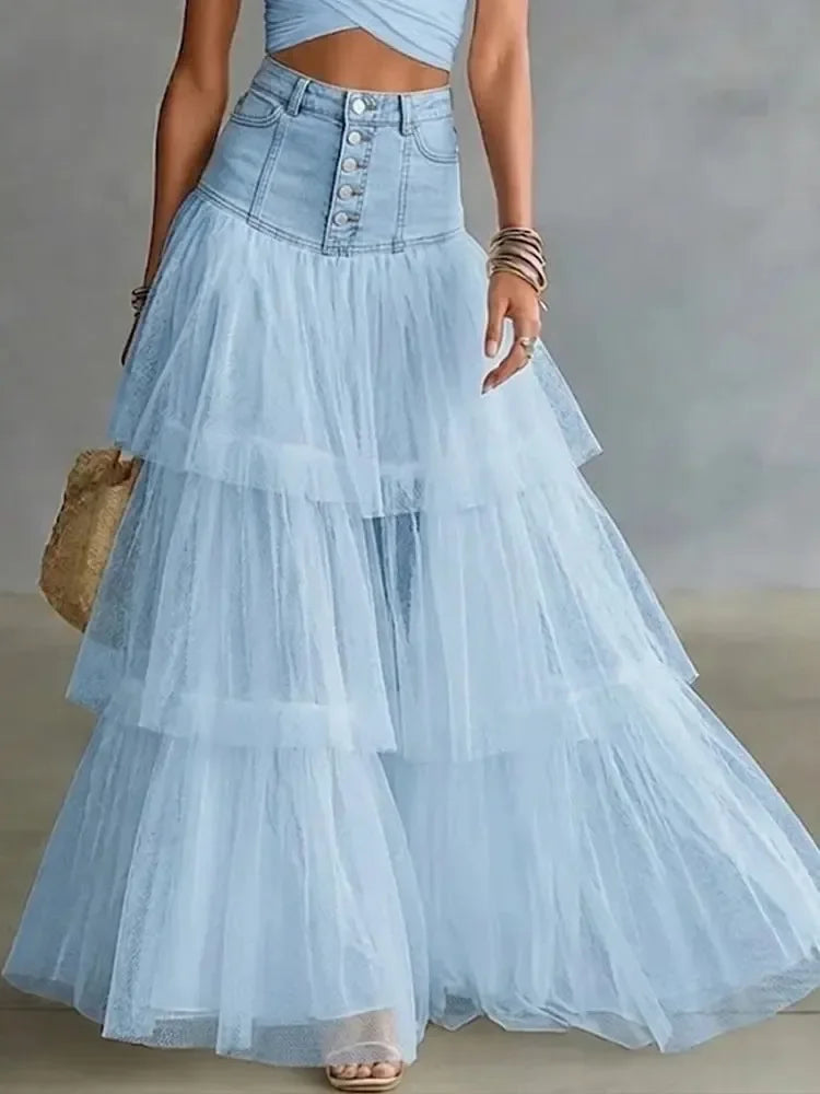 2026 Summer Women's Mesh Tiered Elegant High Waist Tulle Cake Skirt Large Swing Midi Skirt Casual Fairy Long Skirt New
