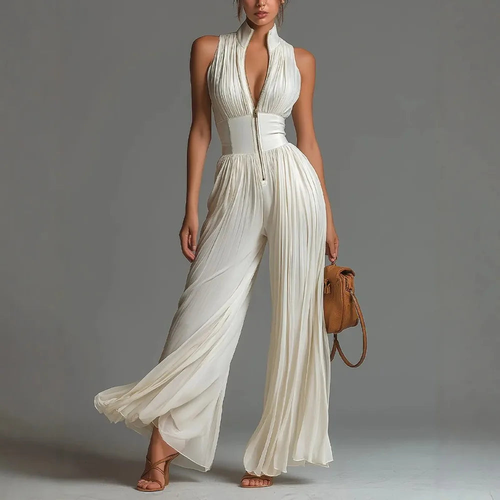 Women's White Pleated Halter Sleeveless Jumpsuit Front Zip High Waist Wide Leg Floor Length Elegant Party Long Romper For Ladies
