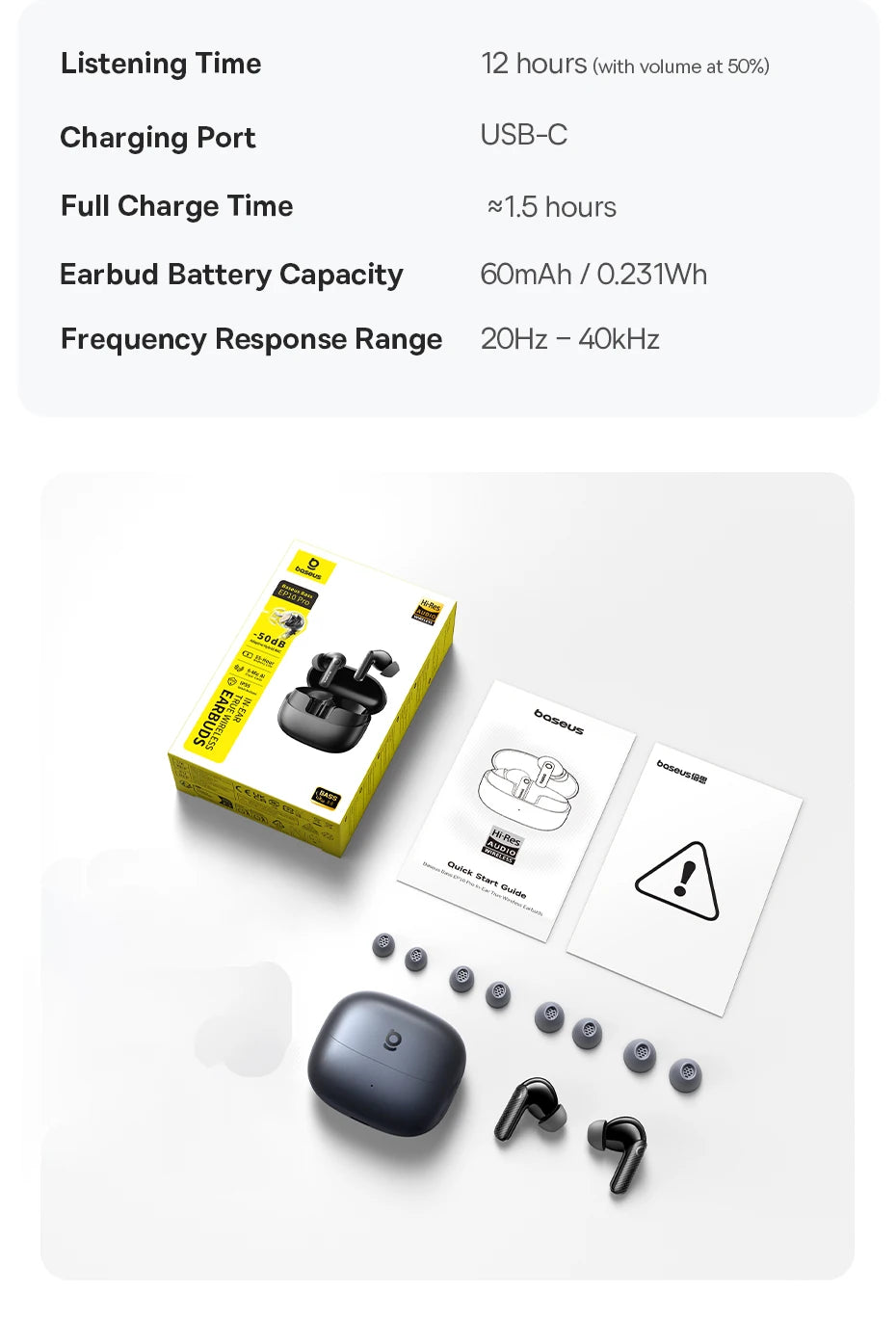 Baseus EP10 Pro ANC Earbuds Wireless Bluetooth 6.0 Earphones 50dB Realtime Adaptive Headphones 6 Mic Hi-Res LDAC IP55 Ear Buds