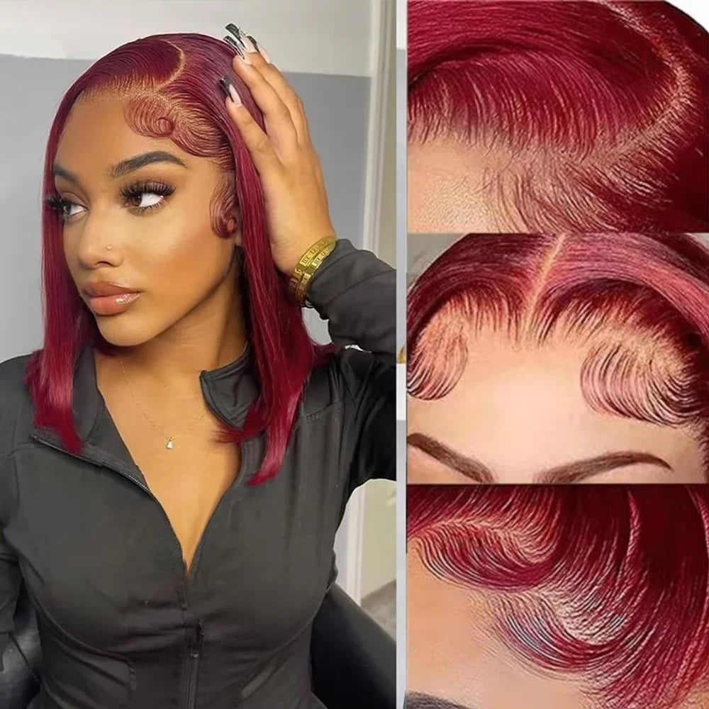 99J Burgundy Straight Bob Wigs Wear and Go Glueless Wigs 13x4 Lace Front Human Hair Wigs Pre Cut No Glue For Women Red Colored
