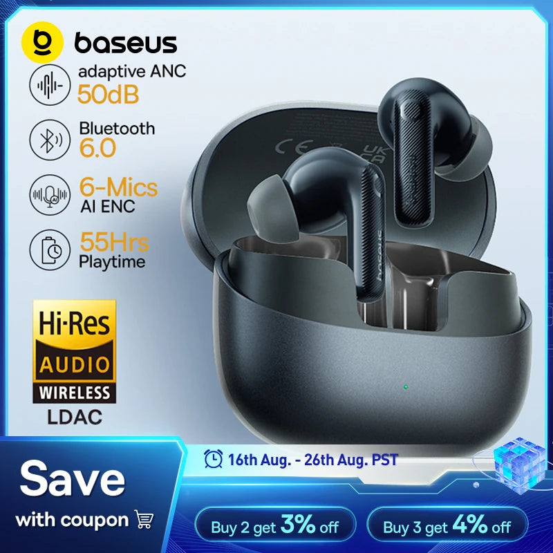 Baseus EP10 Pro ANC Earbuds Wireless Bluetooth 6.0 Earphones 50dB Realtime Adaptive Headphones 6 Mic Hi-Res LDAC IP55 Ear Buds