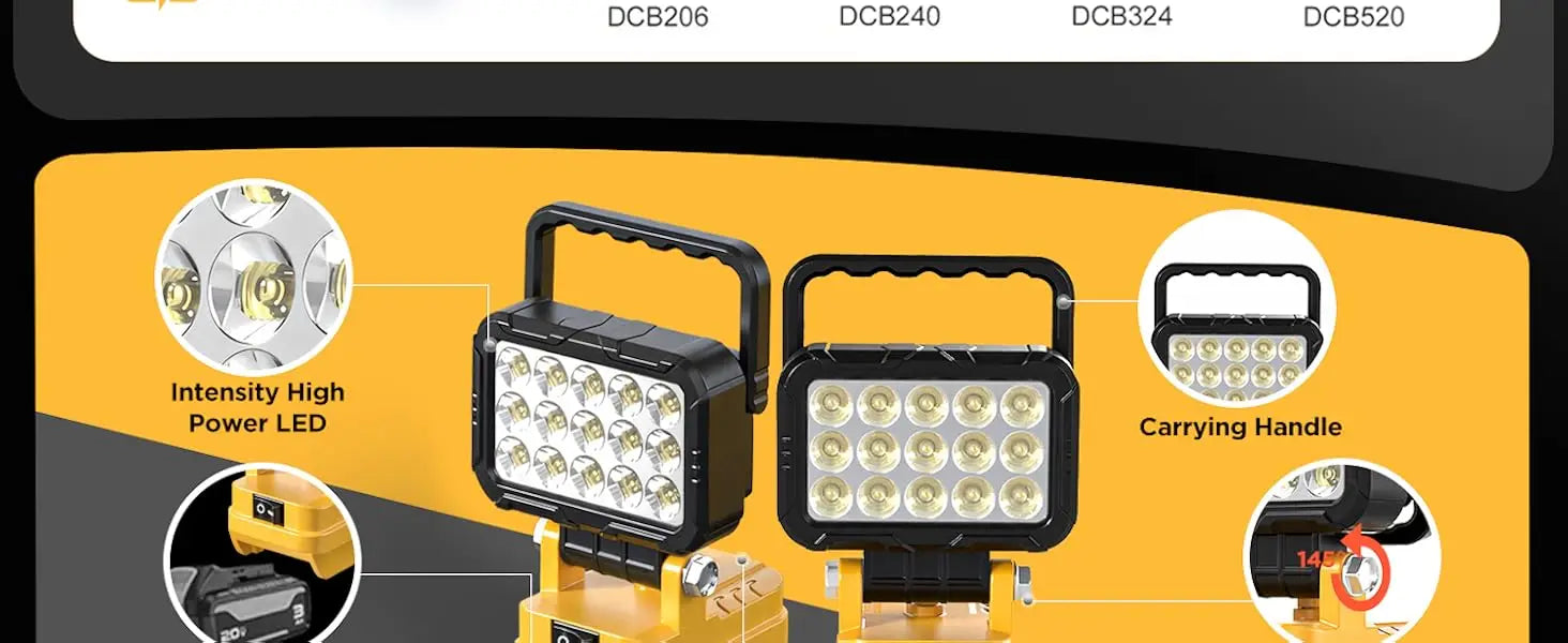 LED Work Light for Dewalt 18V 40W 6000LM, 2 USB Ports, 145° Adjustable Cordless Flood Light (Battery NOT Included)