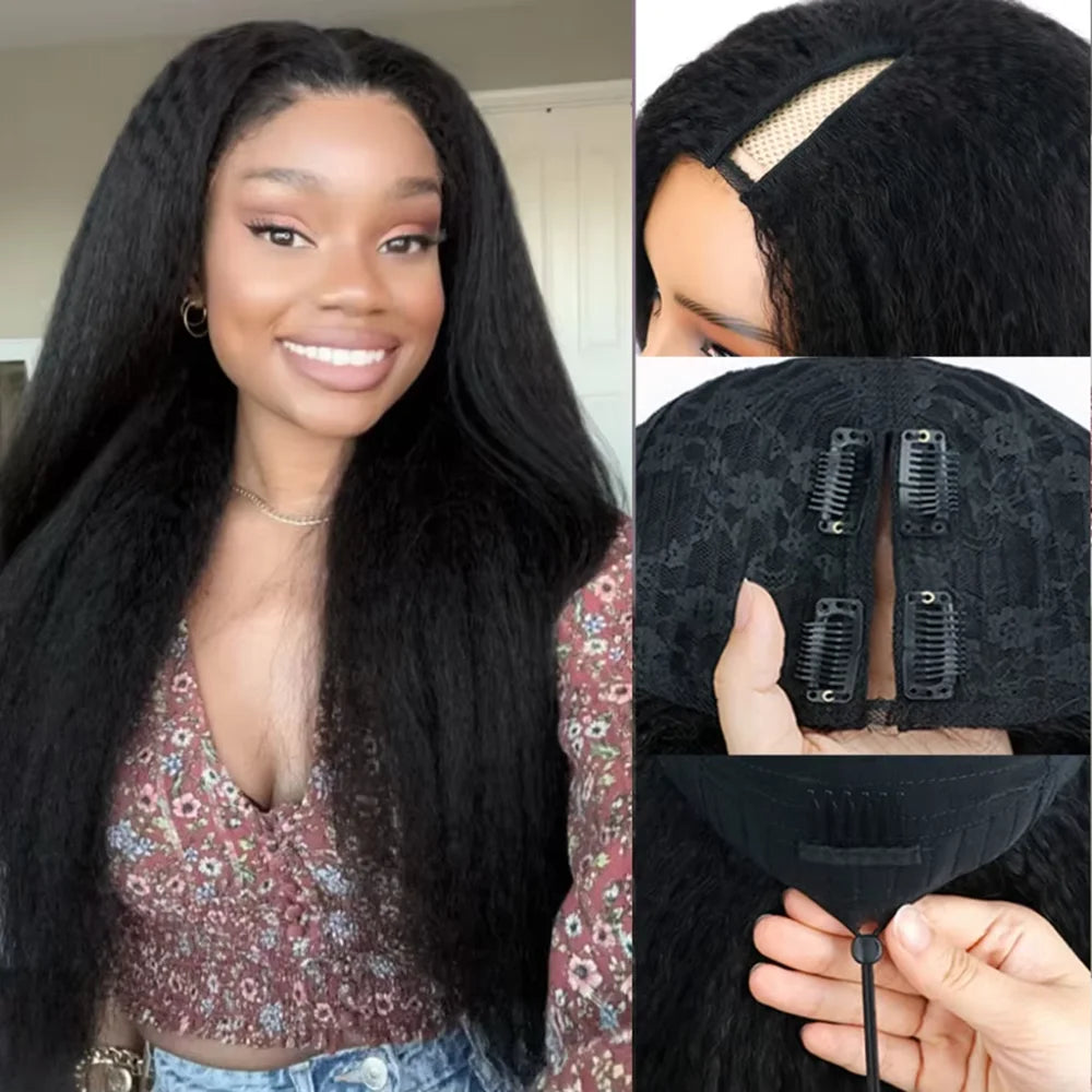 220% Density Kinky Straight V Part Wig Human Hair 16-32 Inch Wig For Women With Drawstring No Leave Out No Sew In Wig