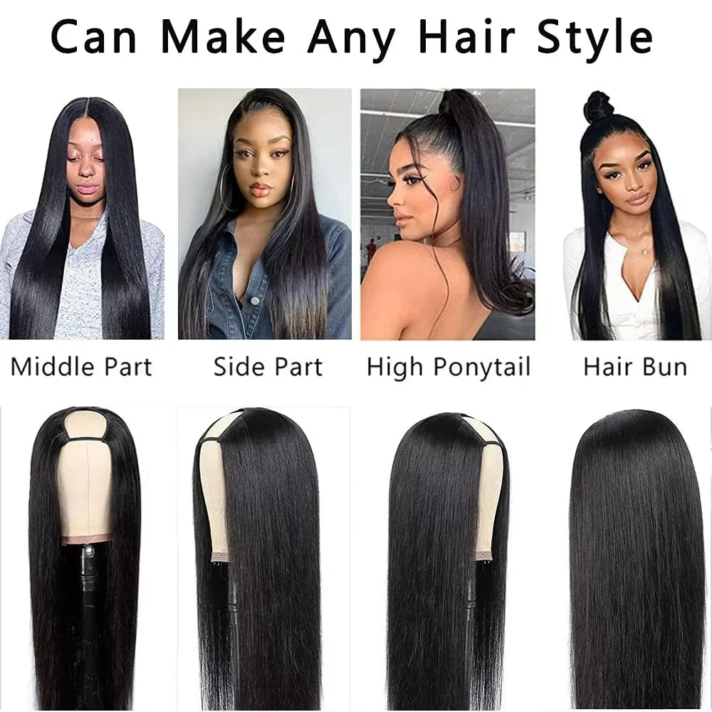 U Part Wigs Human Hair Straight Human Hair Wigs No Leave Out No Sew-In Glueless 220 Density Natural Black Beginner Friendly