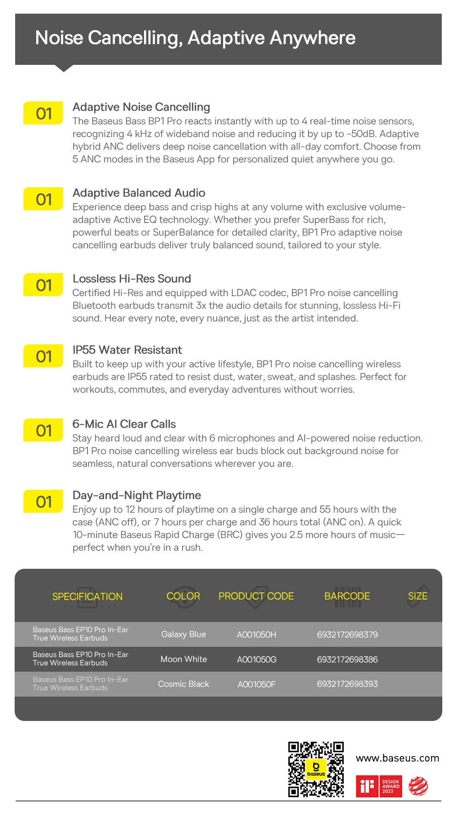 Baseus EP10 Pro ANC Earbuds Wireless Bluetooth 6.0 Earphones 50dB Realtime Adaptive Headphones 6 Mic Hi-Res LDAC IP55 Ear Buds