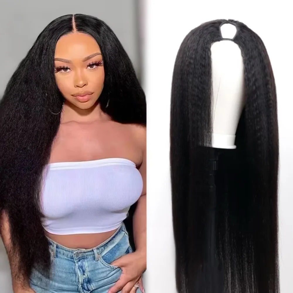 220% Density Kinky Straight V Part Wig Human Hair 16-32 Inch Wig For Women With Drawstring No Leave Out No Sew In Wig