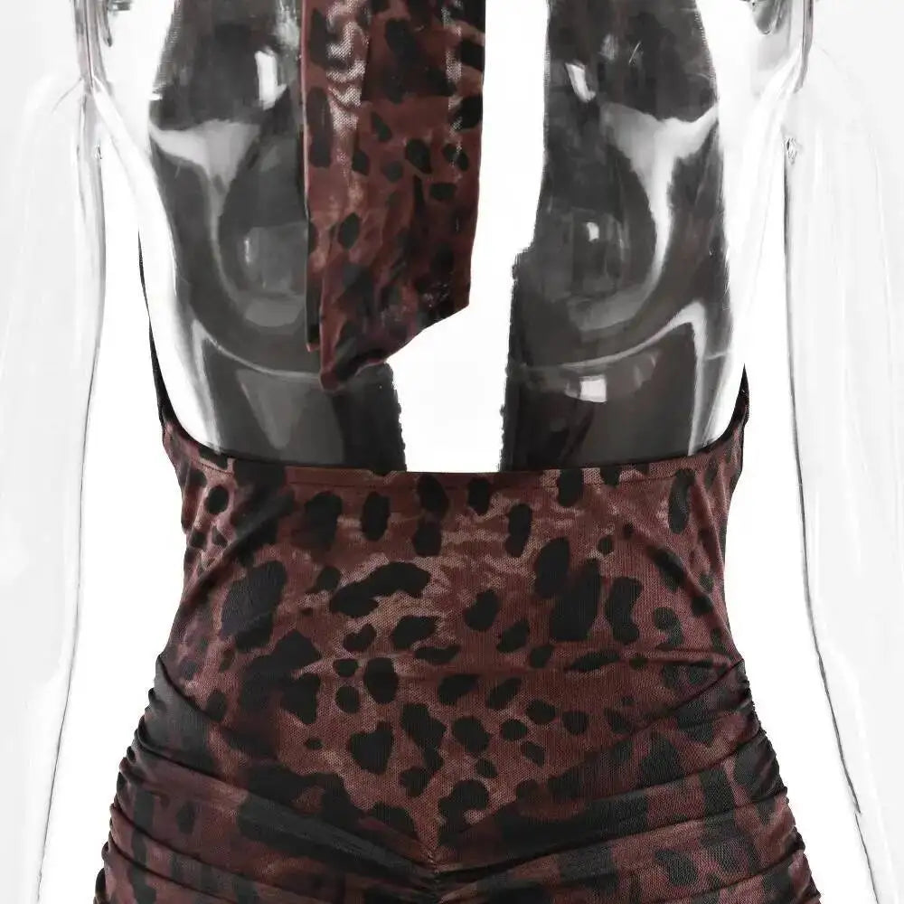 Avrilyaan Leopard Print Halter Pleated Ribbon Dress Women Mini 2025 Summer Dress Deep V Backless Sexy Party Dresses Vestidos
