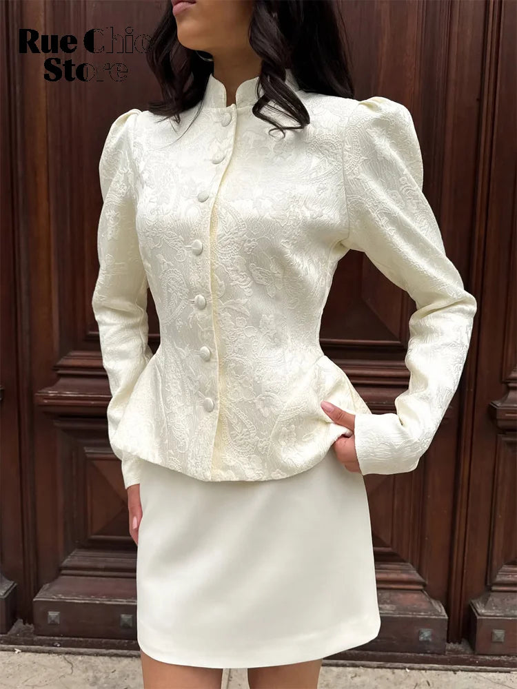 Solid Color Jacquard Glossy Satin Tops Women Chic Stand Collar Single Breasted Slim Fit Short Coats 2026 Lady Daily Outwear New