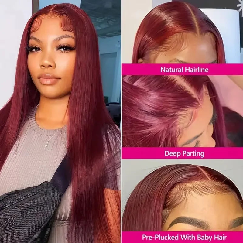 Burgundy 13x6 HD Lace Frontal Human Hair Wig Straight Wig 13x4 Lace Front Human Hair Wigs For Women 99J Colored 200 High Density