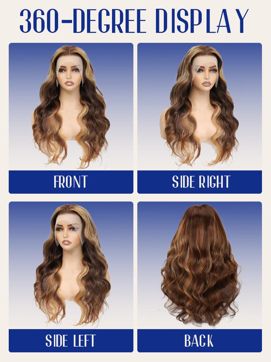 P4/27 Highlight Body Wave 40 Inch Long-length & 200% High Density Human Hair Wigs HD Transparent Skin-melt Swiss Lace Frontal Wig