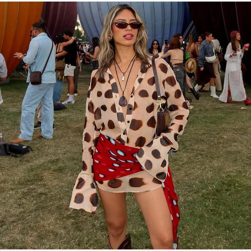 Sexy Printed With Detachable Scarf Women's Shirt Dress Lapel Collar Full Sleeve Button Mini Dresses 2026 Summer Chic Female Robe