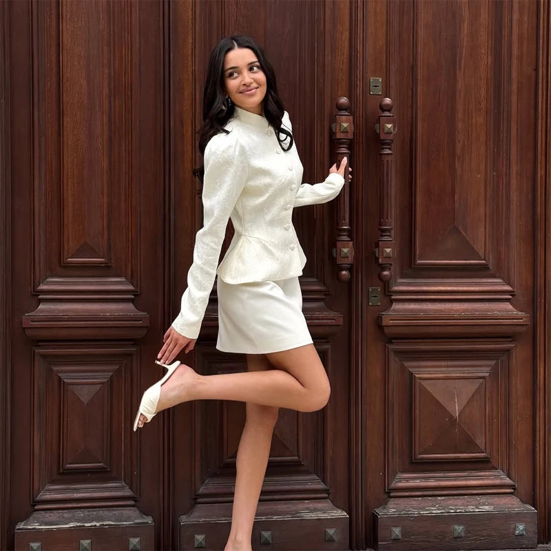 Solid Color Jacquard Glossy Satin Tops Women Chic Stand Collar Single Breasted Slim Fit Short Coats 2026 Lady Daily Outwear New