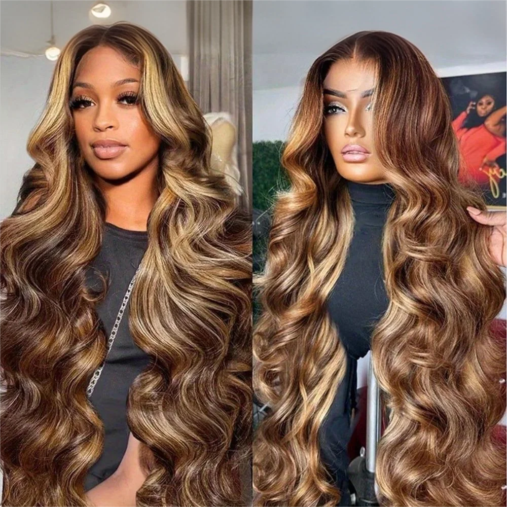 30 Inch Honey Blonde Ombre Lace Front Wig Human Hair 13x4 HD Lace Front Wig 4/27 Highlight Ombre Body Wave Lace Frontal Glueless