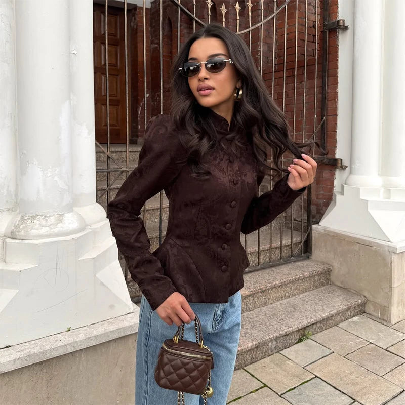 Solid Color Jacquard Glossy Satin Tops Women Chic Stand Collar Single Breasted Slim Fit Short Coats 2026 Lady Daily Outwear New