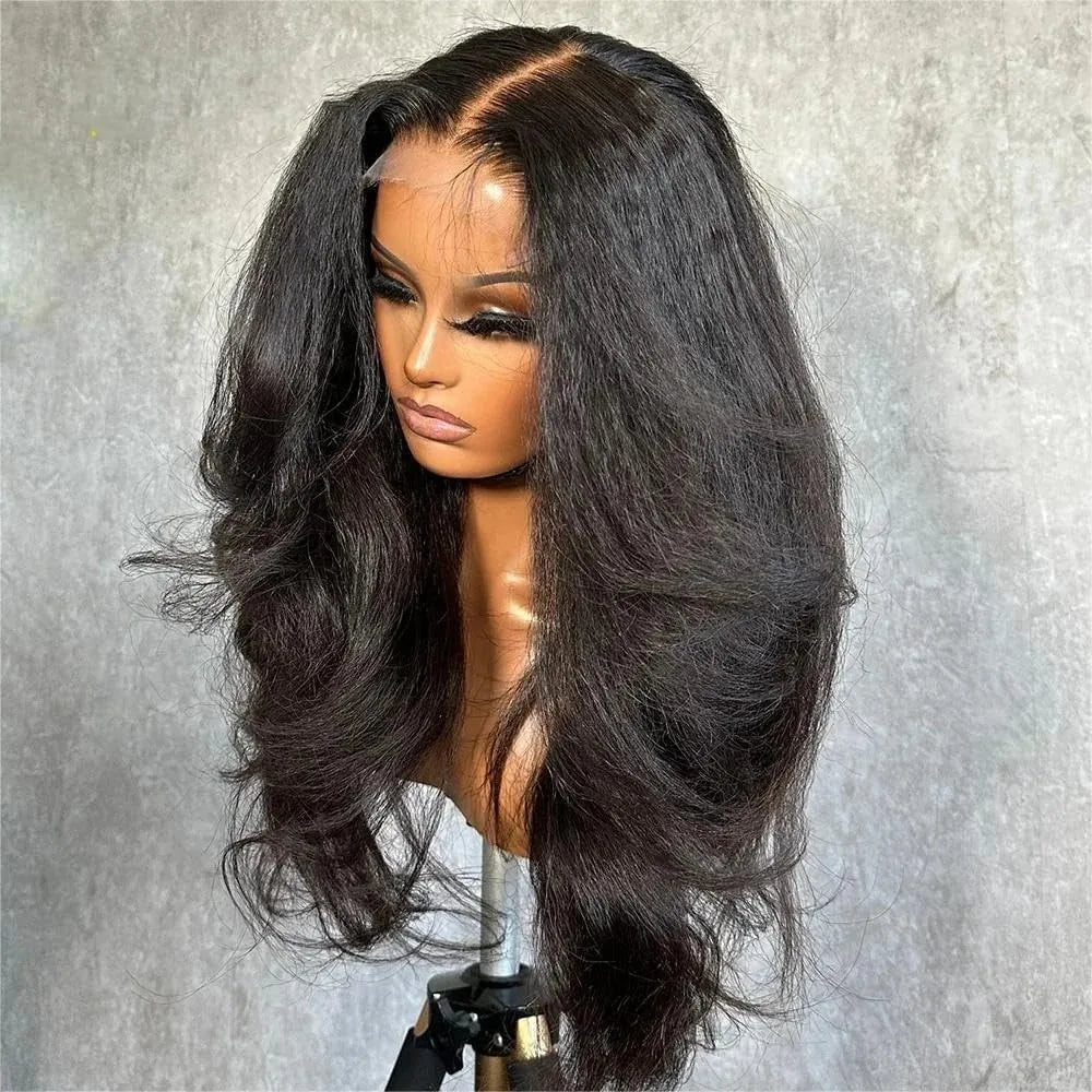 40 42 Inch Kinky Straight Lace Front Wig Pre Plucked Yaki Straigh HD 13X4 Lace Frontal Wig 4C Edges Curly Human Hair Wigs