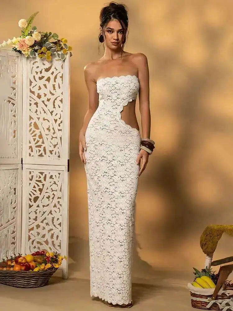 Blifanbo Backless Sexy Off-shoulder Maxi Dress Women Lace Sleeveless Strapless Hollow Out Skinny Club Party Long Dress Elegant